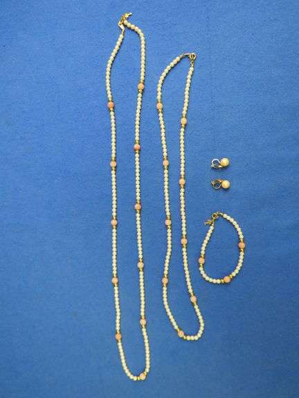 Vintage Faux Pearl Jewelry Set – Two Necklaces, Bracelet & Clip Earrings