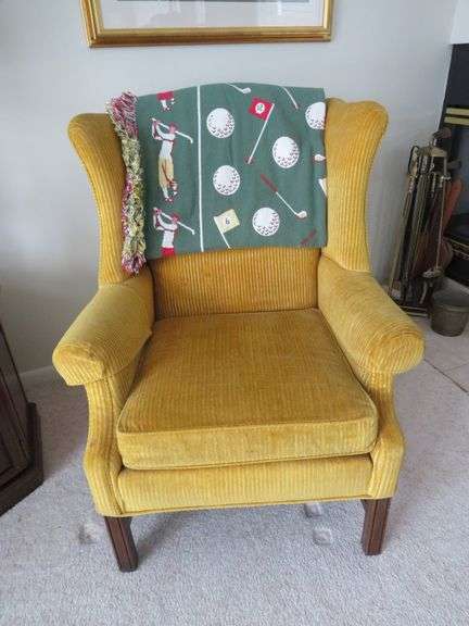 Upholstered Wingback Armchair with Corduroy Fabric & Golf-Themed Throw