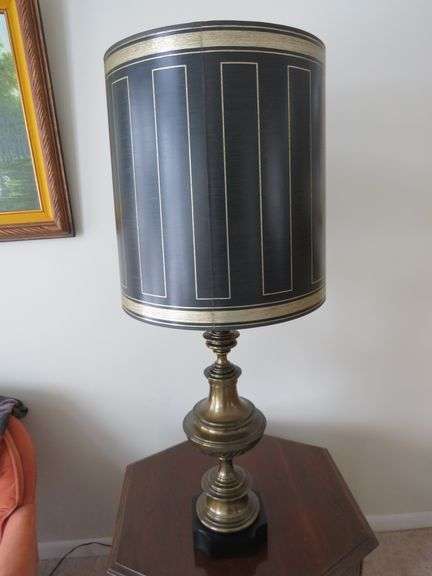 Traditional Brass Table Lamp with Black & Gold Decorated Shade