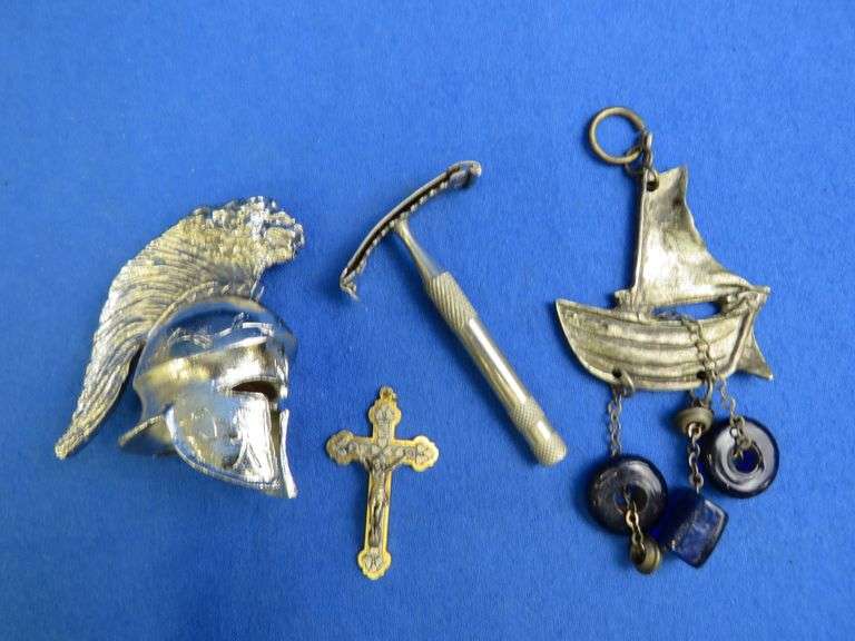 Vintage Metal Curios Lot – Italian Crucifix, Curvfit Safety Razor, Cane Topper & Nautical Charm