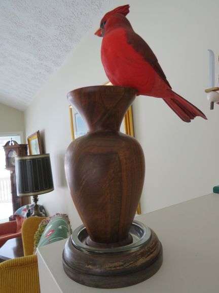Decorative Cardinal Bird Sculpture on Wooden Vase Base