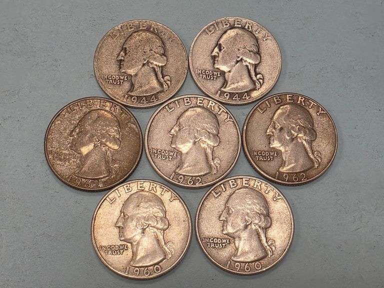 7 Washington Silver Quarters – 1944, 1960 & 1962 – 90% SILVER