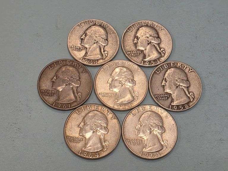 7 Washington Silver Quarters – 1940-1964 – 90% SILVER