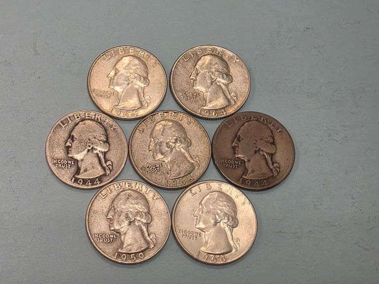 7 Washington Silver Quarters – 1944-1964 – 90% SILVER