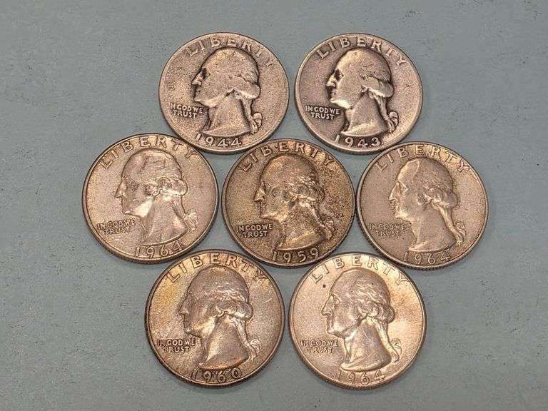 7 Washington Silver Quarters – 1943-1964 – 90% SILVER