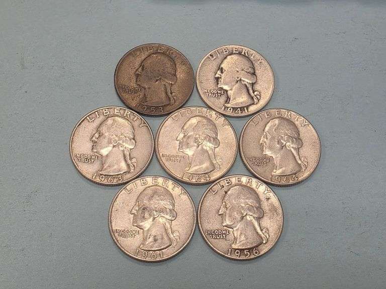 7 Washington Silver Quarters – 1941-1964 – 90% SILVER