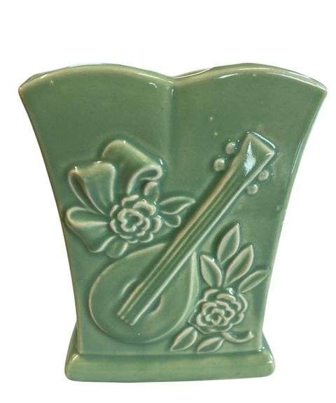 Vintage Mid Century USA Pottery Blue Rectangular Vase, Mandolin Floral