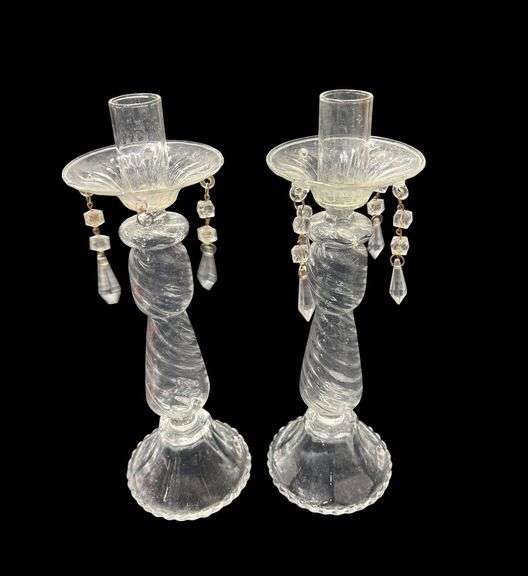 Glass Candlesticks with Dangling Prisms