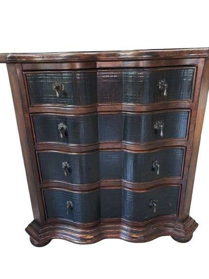 Vintage Ethan Allen Lucca Serpentine Chest of Drawers With Crackle Black Lacquer Finish