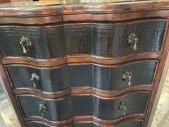 Vintage Ethan Allen Lucca Serpentine Chest of Drawers With Crackle Black Lacquer Finish