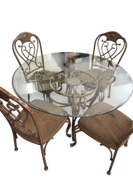 Ornate Metal and Glass Table and Chairs