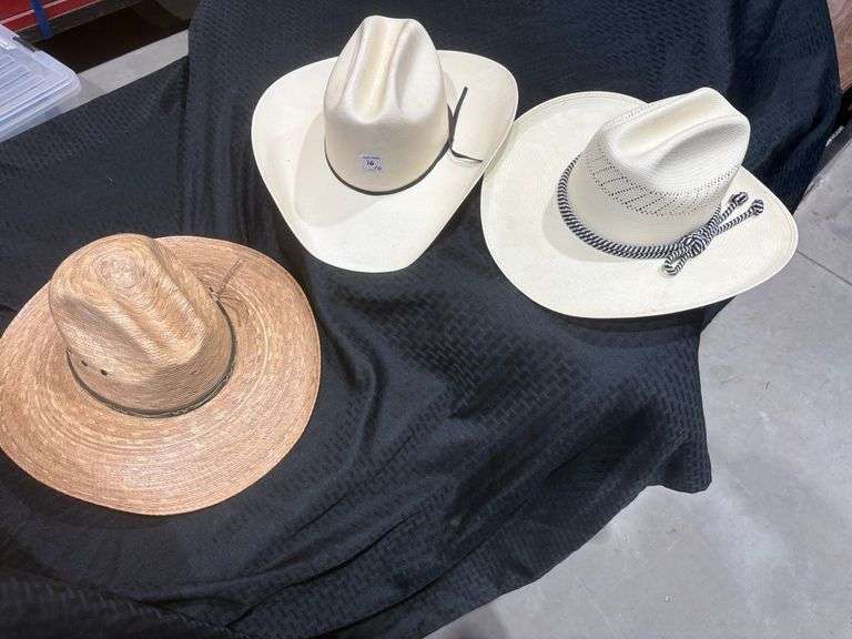 2 straw and 1 palm leaf cowboy hat