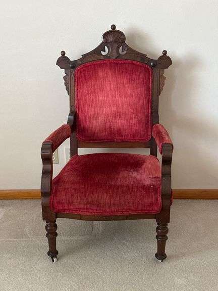 Carved Wooden Armchair with Red Upholstery