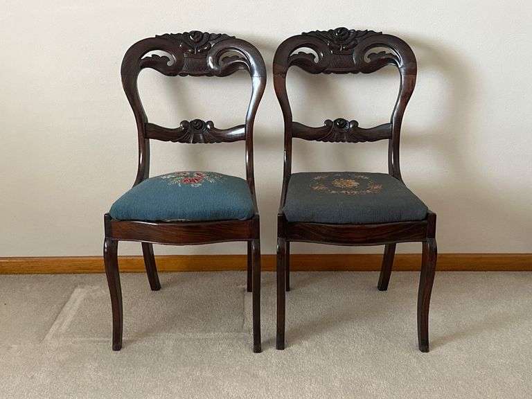 Carved Wood Chairs with Floral Upholstery