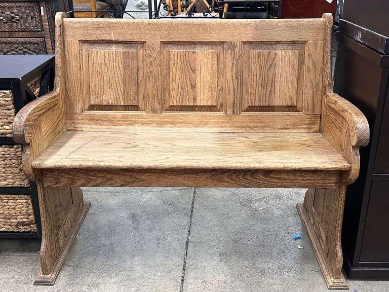 Solid Oak Wooden Bench with Panel Back