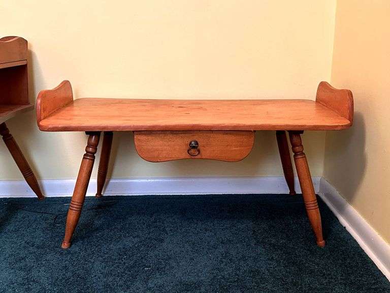 Wooden Bench With Drawer and Turned Legs