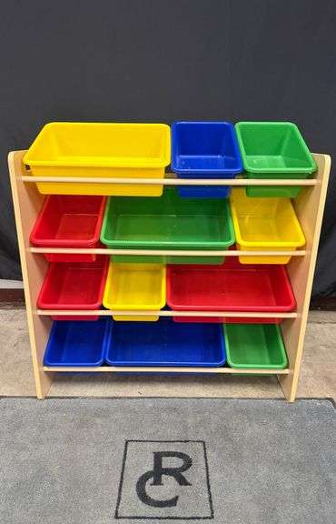 Wooden Storage Rack With Colorful Bins