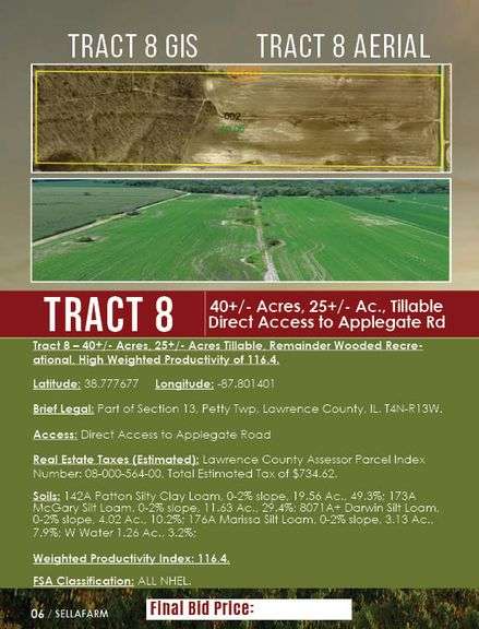 Tract 8 – 40+/- Acres, 25+/- Acres Tillable, Remainder Wooded Recreational, High Weighted Productivi