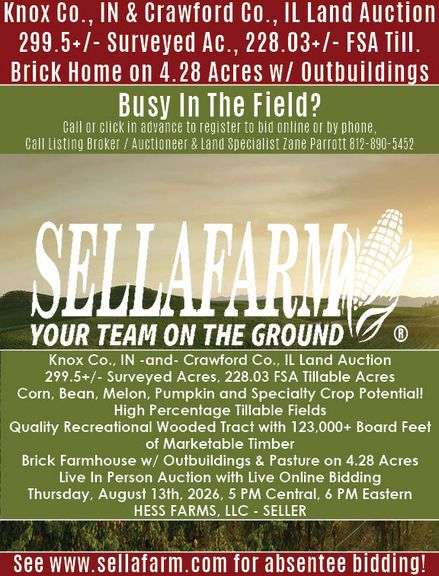 299.5+/- Surveyed Acres, 228+/- Tillable, Knox CO., IN -and- Crawford Co., IL