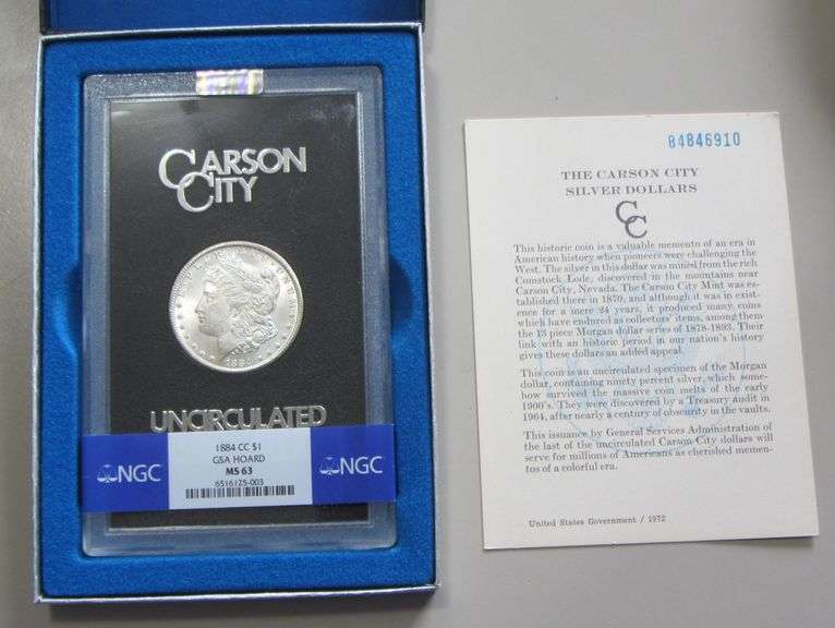 $1 1884-CC CARSON CITY GSA BOX AND PAPERS NGC MS 63