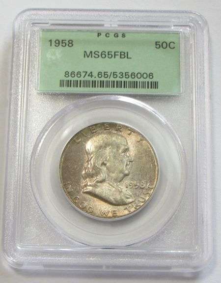 1958 FRANKLIN HALF PCGS GEM 65 FBL FULL BELL LINES OLD GREEN HOLDER