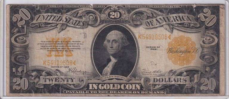 $20 1922 LARGE SIZE GOLD CERTIFICATE 3 TEARS ON BOTTOM MARGIN