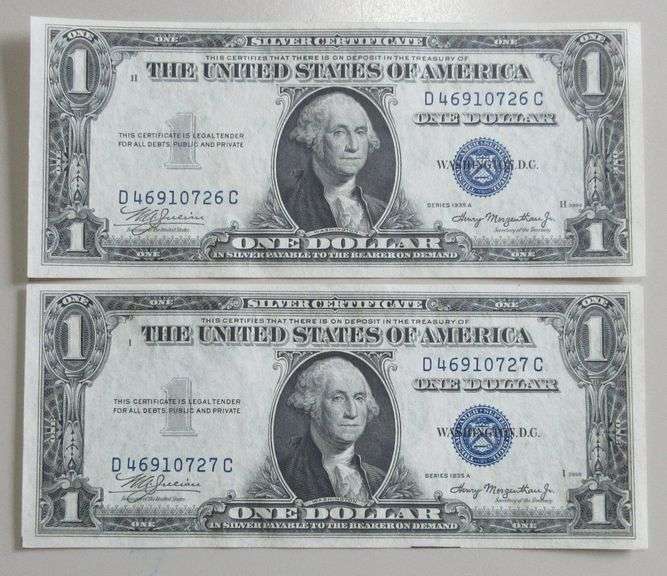 2 CONSECUTIVE UNCIRCULATED $1 SILVER CERTIFICATES 1935-A