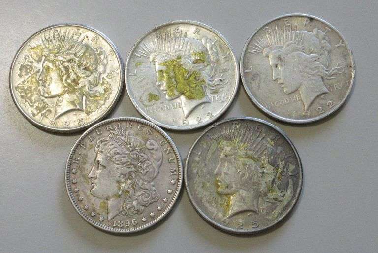 4 PEACE DOLLARS AND $1 MORGAN POLITICAL STICKER ON BACK OF 1
