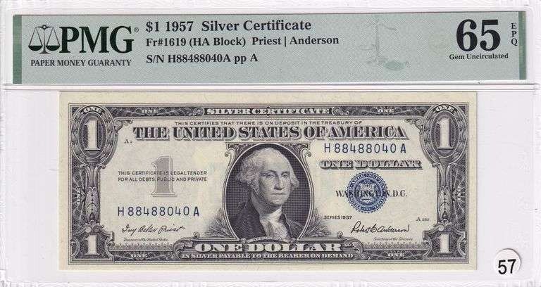 $1 1957 SILVER CERTIFICATE PMG GEM 65 EPQ LOTS 56 TO 58 ARE CONSECUTIVE