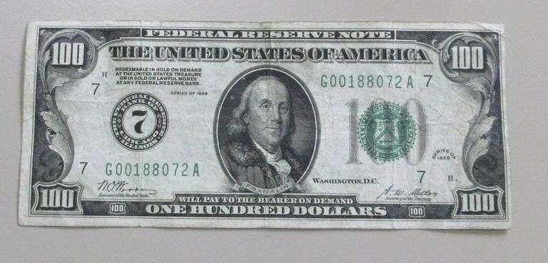 $100 REDEEMABLE IN GOLD FRN 1928 NUMERICAL 7