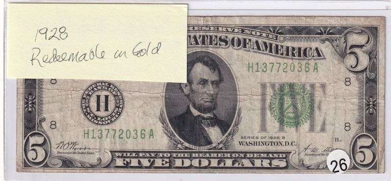 $5 REDEEMABLE IN GOLD FRN 1928-B