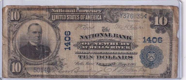 $10 NATIONAL 1902 NEWBURY WELLS RIVER VERMONT CHARTER 1406 PLAIN BACK