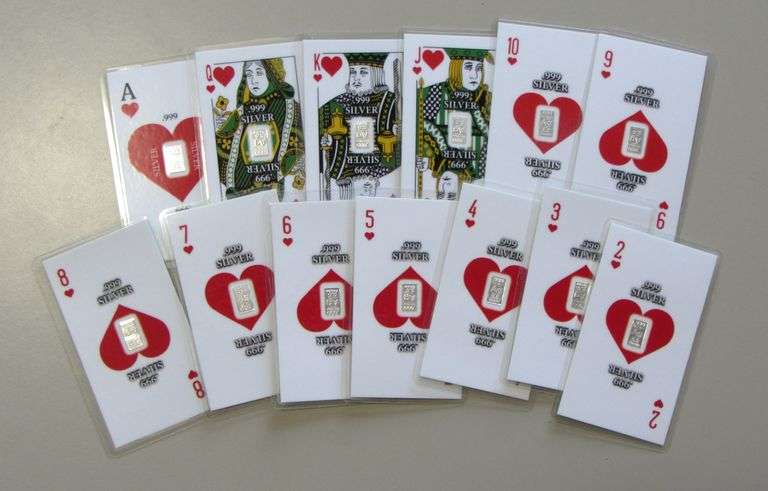 FLUSH RUN HEART SILVER PLAYING CARDS .999 FINE 2.5 GRAIN EACH