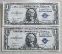 2 CONSECUTIVE UNCIRCULATED $1 SILVER CERTIFICATES 1935-A
