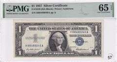 $1 1957 SILVER CERTIFICATE PMG GEM 65 EPQ LOTS 56 TO 58 ARE CONSECUTIVE