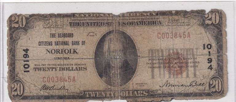 1929 $20 National  Note Charter 10194 Seaboard Citizens National Bank of Norfolk, Virginia