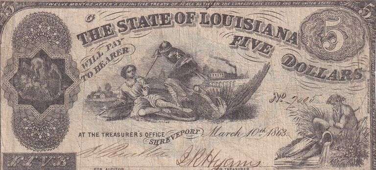 1863 State of Louisiana $5 Treasury Note  Confederate
