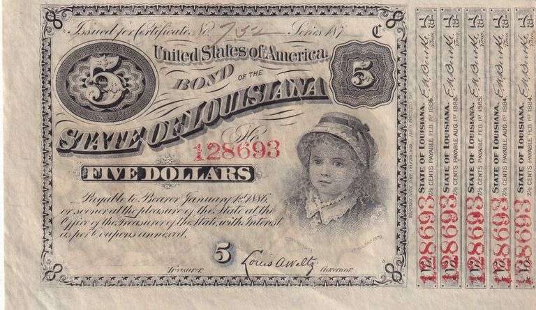 Antique 1878 Louisiana $5 Bond with Coupons   Historical