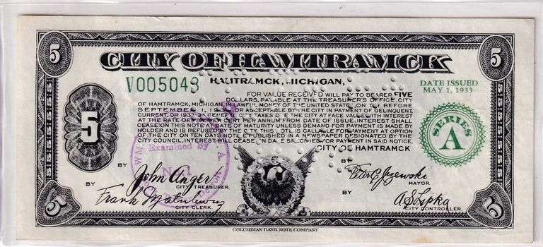 Historic 1933 City of Hamtramck, Michigan $5 Depression Scrip Note