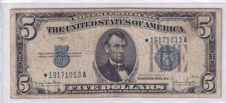 Star 1934 $5 Silver Certificate Note