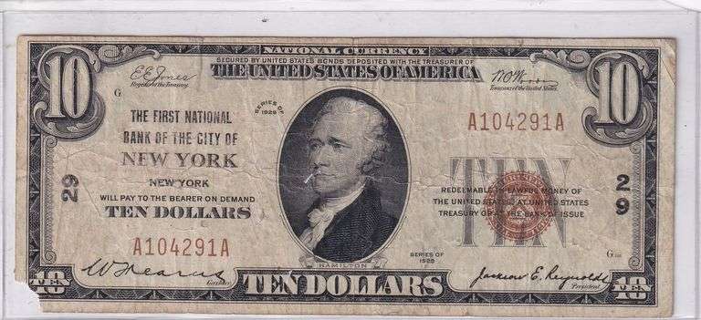 1929 $10 National  Note, First National Bank of New York