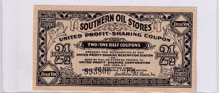 Southern Oil Stores United ProfitSharing Coupon  DixieVim 1/2 Cent Value