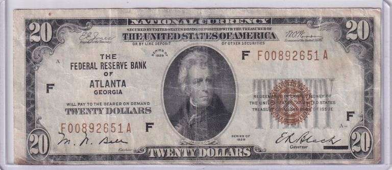 1929 $20 Federal Reserve Bank Note Atlanta Georgia