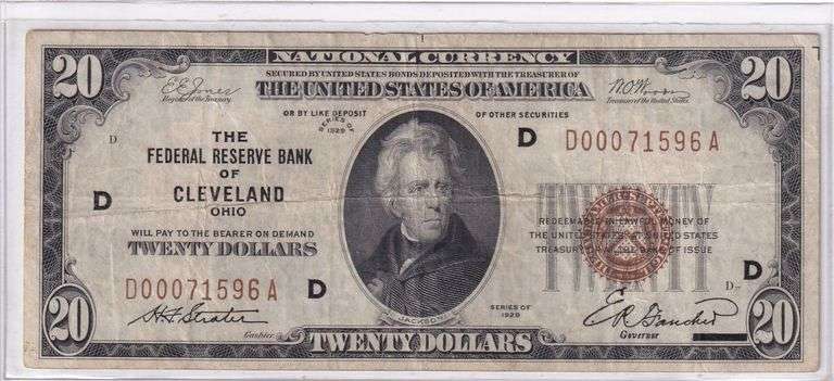 1929 $20 Federal Reserve Bank Note  Cleveland, Ohio