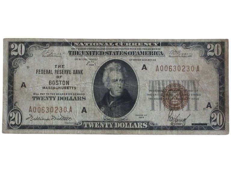 1929 $20 National  Note - Federal Reserve Bank of Boston