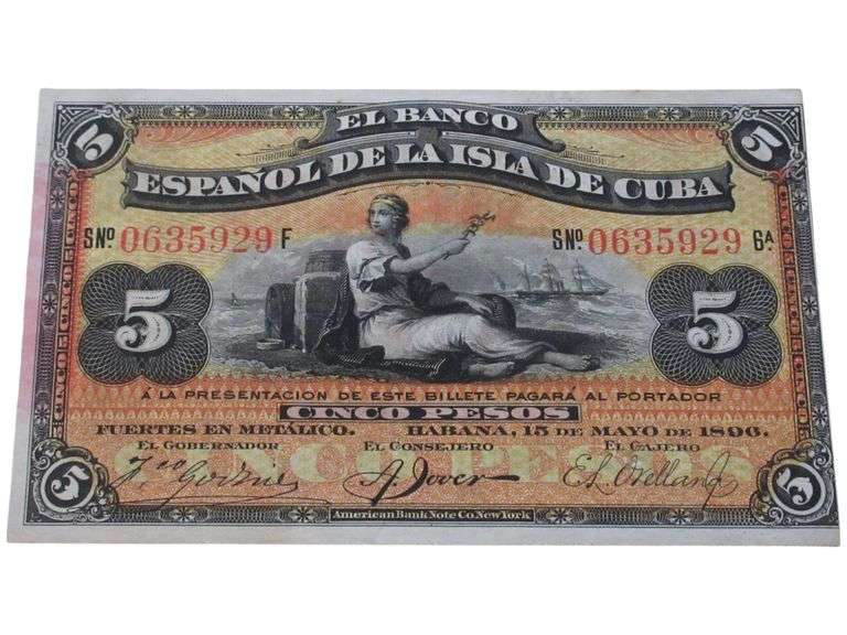 Tough 1896 Cuba 5 Pesos Banknote - El Banco Español de la Isla de Cuba