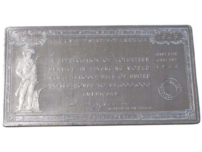 1945 U.S. Victory Volunteer Service Appreciation Plaque