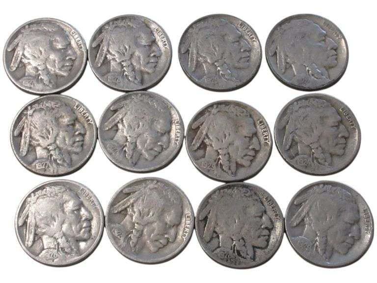 Lot of 12 Vintage Buffalo Nickels - Various Years Early 1920 dates