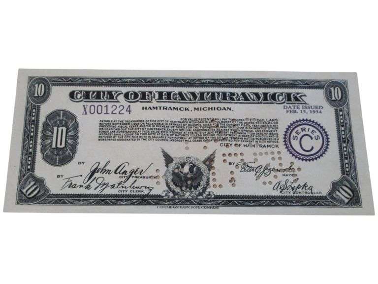 1934 City of Hamtramck Michigan $10 Depreciation Scrip Note