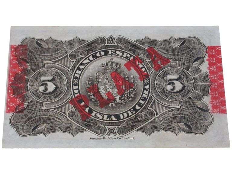 Tough 1896 Cuba 5 Pesos Banknote - El Banco Español de la Isla de Cuba